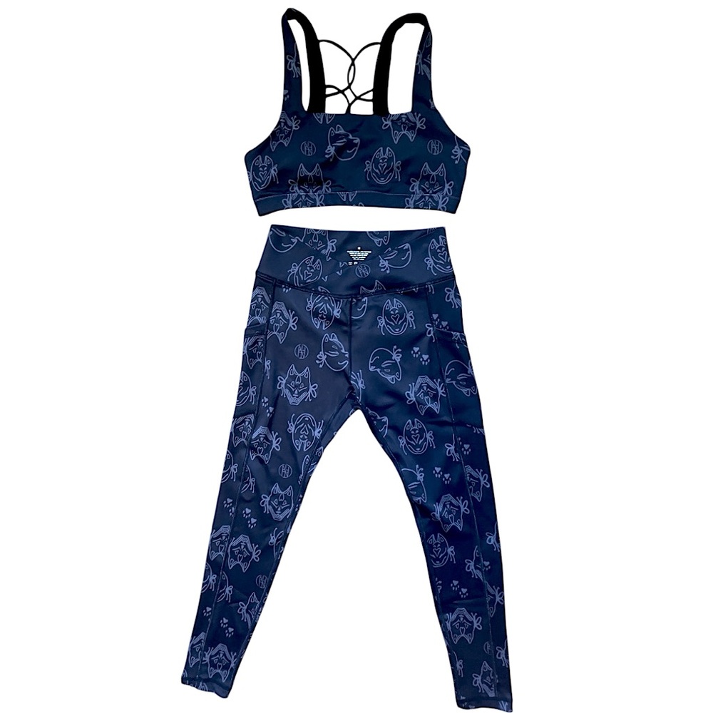 Iron Yokai Dark Blue Fox Mask Logo Sports Bra & Leggings Women Activewear Set